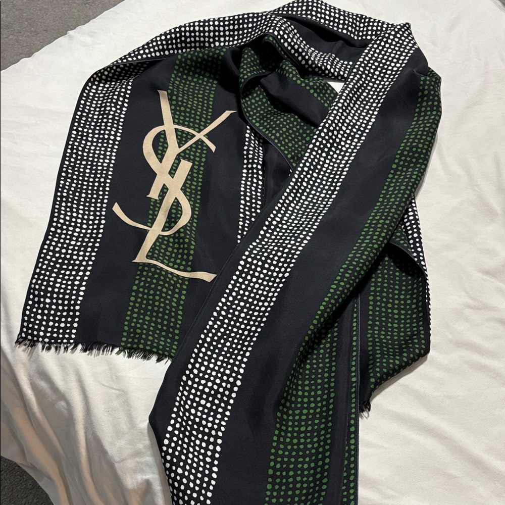 YSL Black and Green Polka Dot Scarf - Picture 2 of 5
